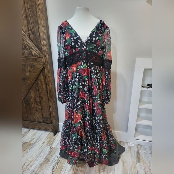 Mac Duggal V-NECK FLORAL LONG PUFF SLEEVE RUFFLE DRESS NWOT size 16 (11402) - Picture 4 of 6